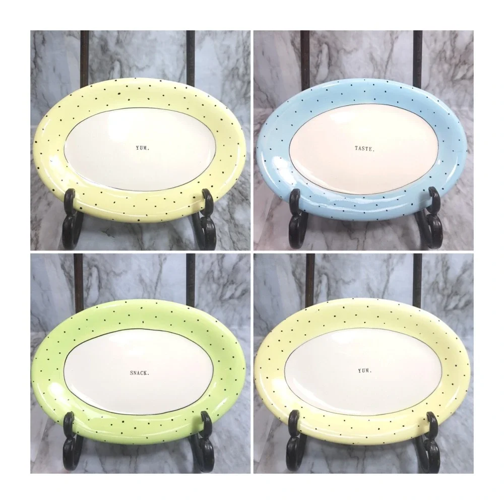 Set of 4 Rae Dunn by Magenta Appetizer Plates‎ Polka Dot Snack Taste Yum Oval